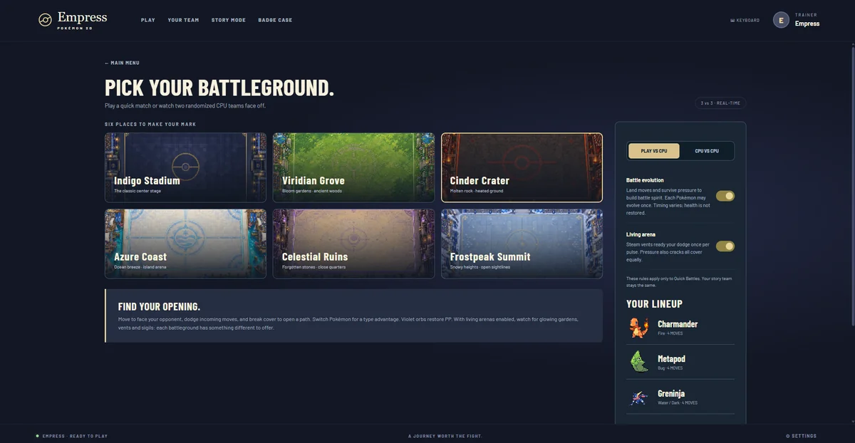 Quick Battle arena selection screen showing Battle Evolution and Living Arena toggles