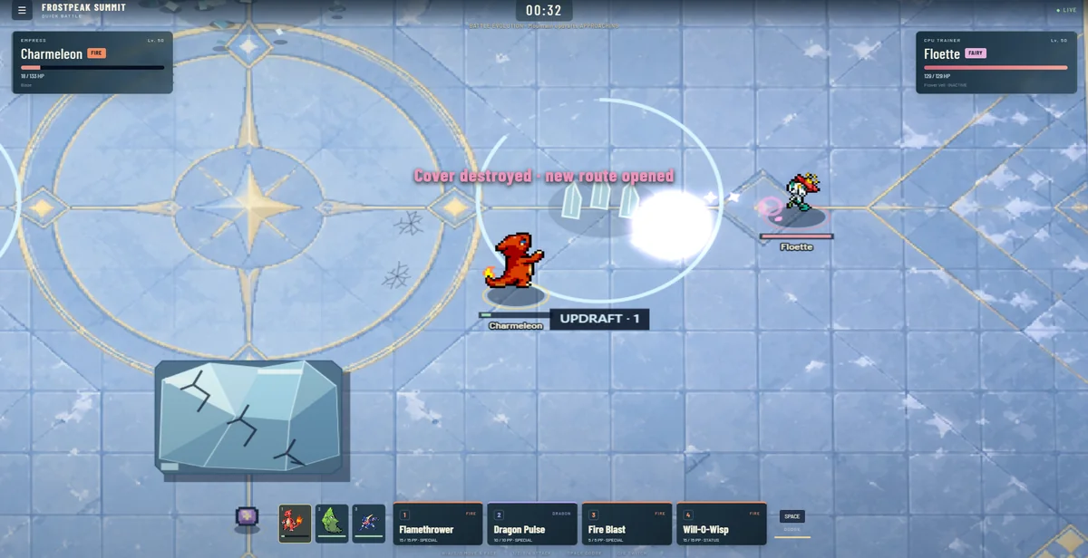 Pokemon Arena 2D Living Arena environmental hazards and mid-battle evolution display