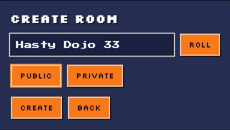 Poke2D Arena Create Room dialog showing a generated room name with a ROLL button, Public and Private options, Create and Back buttons
