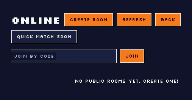 Current Poke2D Arena Online lobby with Create Room, Refresh, Join by Code and the disabled Quick Match Soon button