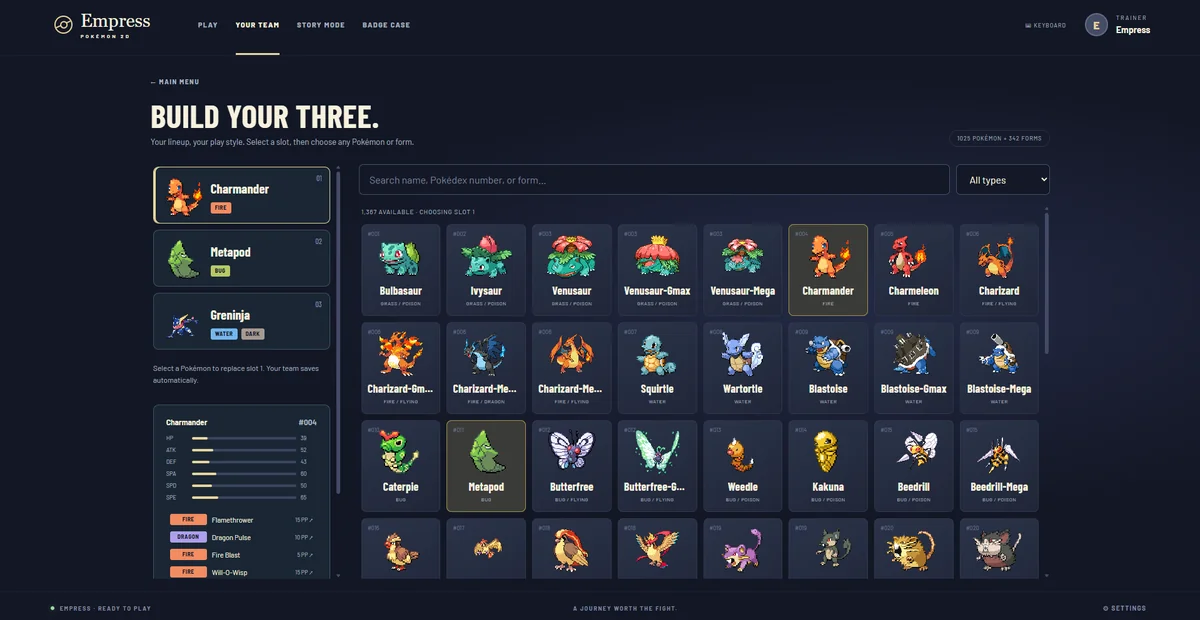 Pokemon Arena 2D team builder catalog with full national dex Pokemon selection